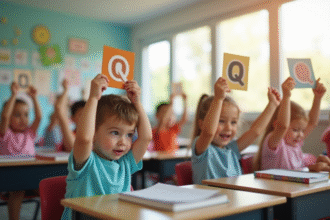 Enfants en classe avec étiquettes nom Q lumineux
