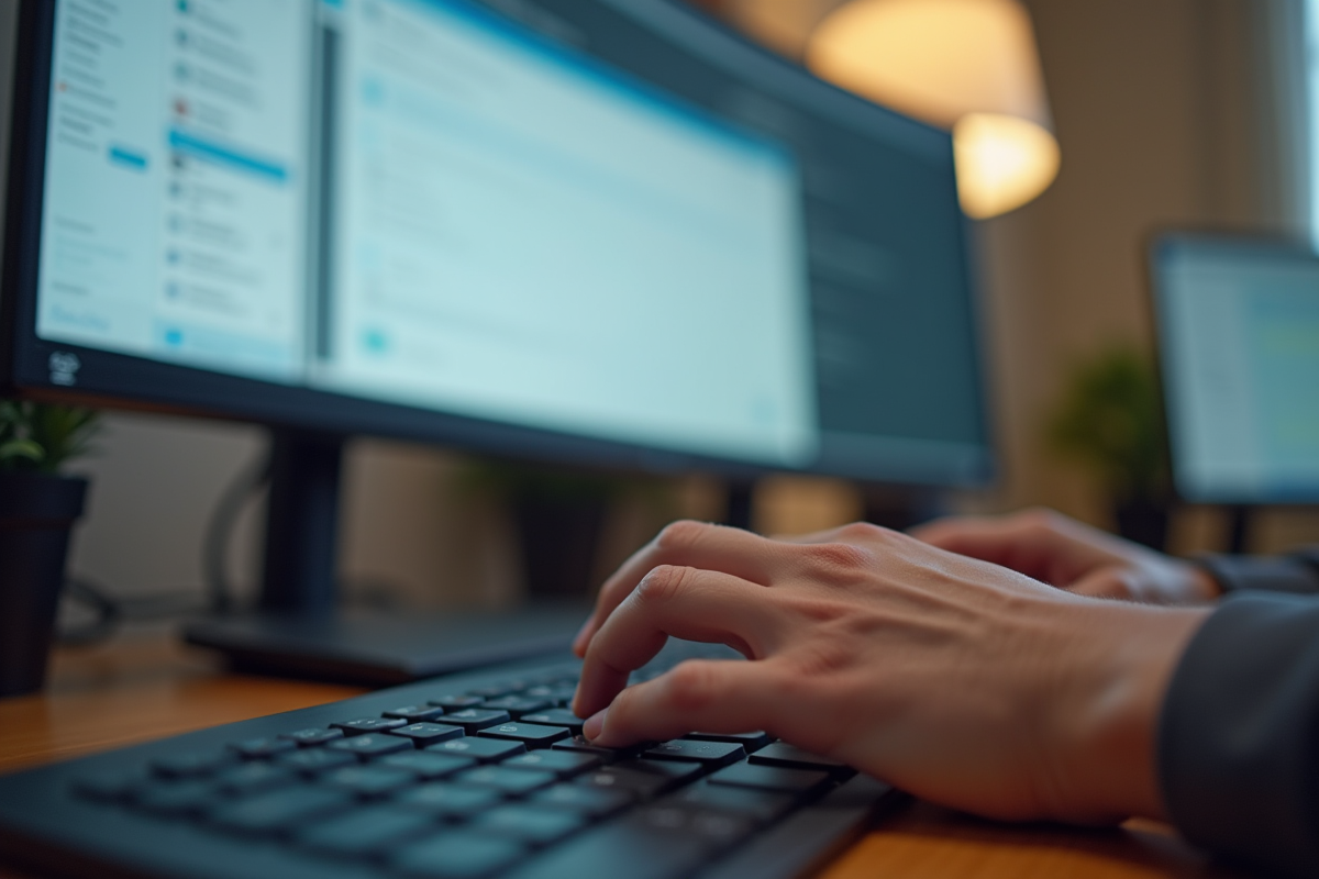 Mains tapant sur un clavier sans fil avec un écran d