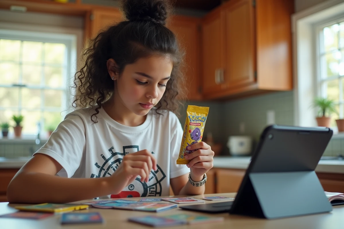 Adolescente tenant un code de booster Pokémon à côté d'une tablette affichant le JCC en ligne
