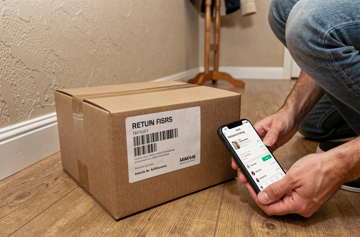 Colis Amazon prêt à être retourné avec étiquette de retour et téléphone affichant le suivi de statut