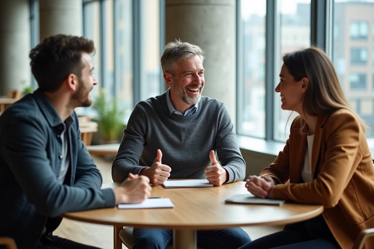 Groupe de collègues riant ensemble autour d'une table dans un espace de coworking lors d'un moment de partage humoristique