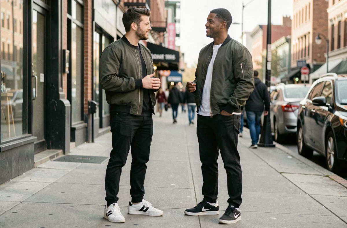 Deux hommes côte à côte sur un trottoir urbain, l'un nettement plus grand que l'autre, illustrant la comparaison de taille et de mensurations dans un contexte de rue authentique