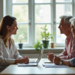 Femme conseillant un couple senior dans un bureau lumineux
