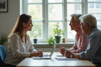 Femme conseillant un couple senior dans un bureau lumineux