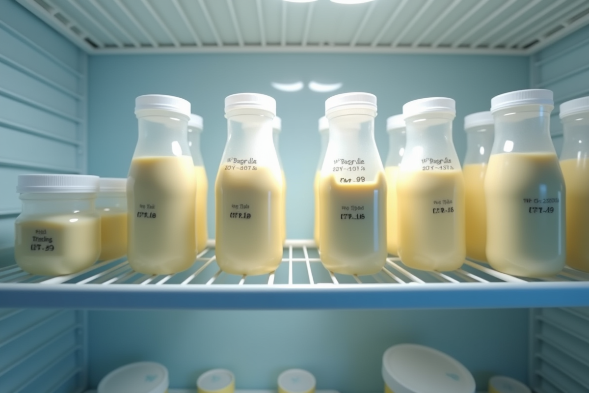 Etagère réfrigérée avec contenants de lait maternel étiquetés et datés