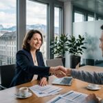 Consultante suisse en affaires serrant la main d'un partenaire dans un bureau moderne de Zurich avec vue sur les Alpes