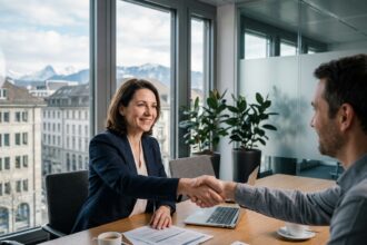 Consultante suisse en affaires serrant la main d'un partenaire dans un bureau moderne de Zurich avec vue sur les Alpes