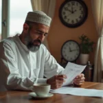 Homme consultant un horaire de prière islamique à côté d'une horloge murale lors d'un changement d'heure