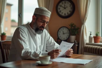 Homme consultant un horaire de prière islamique à côté d'une horloge murale lors d'un changement d'heure