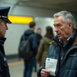 Un homme discutant avec un contrôleur RATP dans le métro parisien pour contester une amende en avertissement