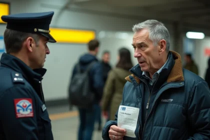 Un homme discutant avec un contrôleur RATP dans le métro parisien pour contester une amende en avertissement