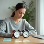 Femme convertissant des heures AM PM en format 24h avec deux horloges posées sur un bureau en bois