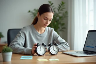 Femme convertissant des heures AM PM en format 24h avec deux horloges posées sur un bureau en bois