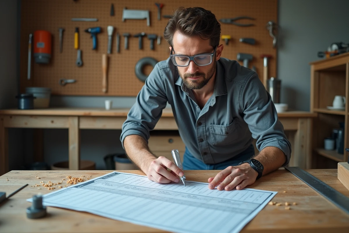 Homme bricoleur comparant un cylindre gradué à un tableau de conversion de volume en cm sur un établi d'atelier
