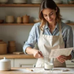 Femme mesurant de la farine avec un verre doseur et un tableau de conversion volume en cm dans une cuisine en bois