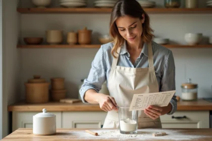 Femme mesurant de la farine avec un verre doseur et un tableau de conversion volume en cm dans une cuisine en bois