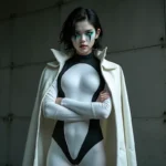 Cosplay d'Ulquiorra Schiffer de Bleach en tenue blanche avec détails noirs et maquillage caractéristique
