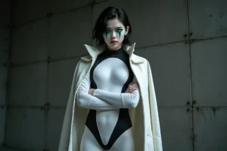 Cosplay d'Ulquiorra Schiffer de Bleach en tenue blanche avec détails noirs et maquillage caractéristique