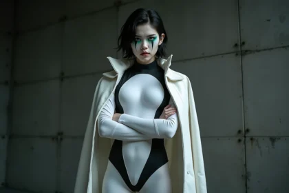 Cosplay d'Ulquiorra Schiffer de Bleach en tenue blanche avec détails noirs et maquillage caractéristique