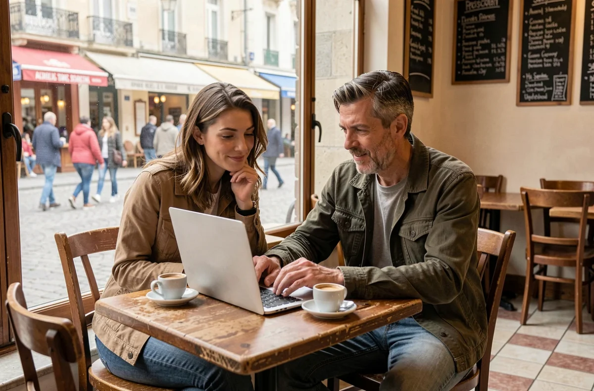 Couple de nouveaux arrivants recherchant sur un ordinateur portable les commerces ouverts dans leur quartier depuis un café parisien