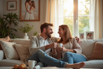 Couple souriant sur un canapé lumineux dans leur salon