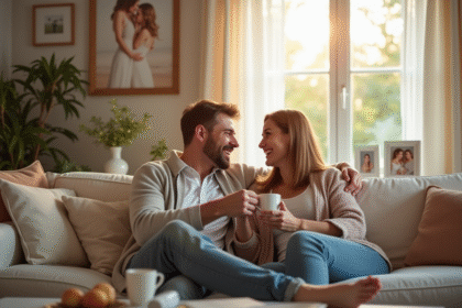Couple souriant sur un canapé lumineux dans leur salon