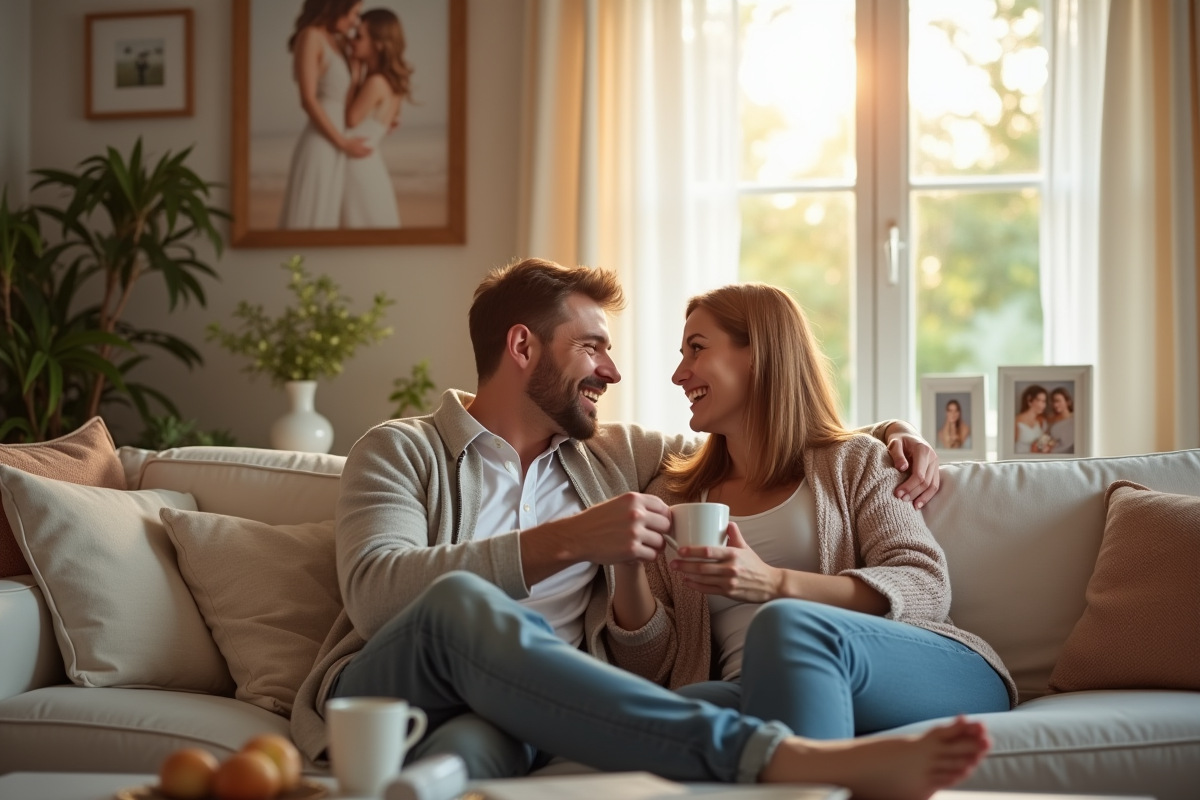 Couple souriant sur un canapé lumineux dans leur salon
