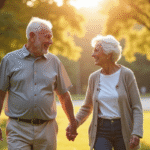 Couple senior main dans la main dans un parc ensoleille