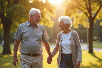 Couple senior main dans la main dans un parc ensoleille
