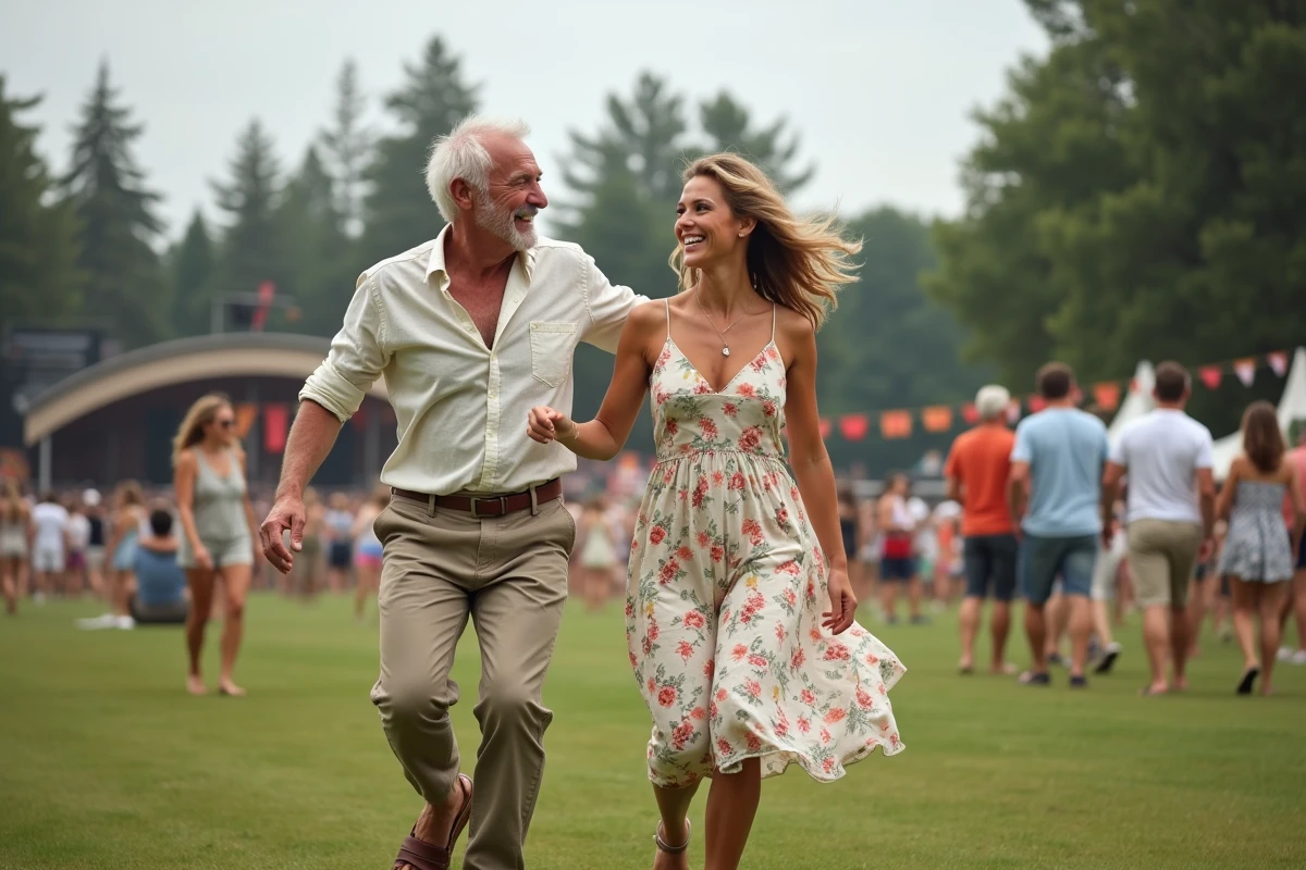 Homme et jeune femme dansant ensemble à un festival en plein air, symbole du partage musical entre générations