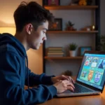 Jeune homme entrant un code de carte Pokémon en ligne sur son ordinateur portable dans une chambre de collectionneur