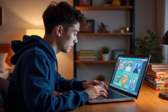 Jeune homme entrant un code de carte Pokémon en ligne sur son ordinateur portable dans une chambre de collectionneur
