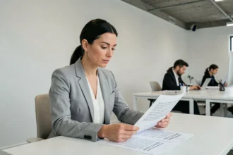 Designer analysant des maquettes de site web avec du texte Lorem Ipsum sur papier dans un studio graphique moderne
