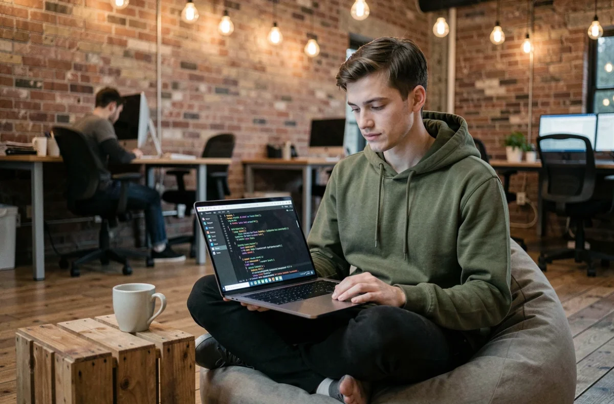 Jeune développeur comparant des versions de logiciels de scan réseau sur son laptop dans un espace de co-working au style industriel, référence à epsilon scan soft