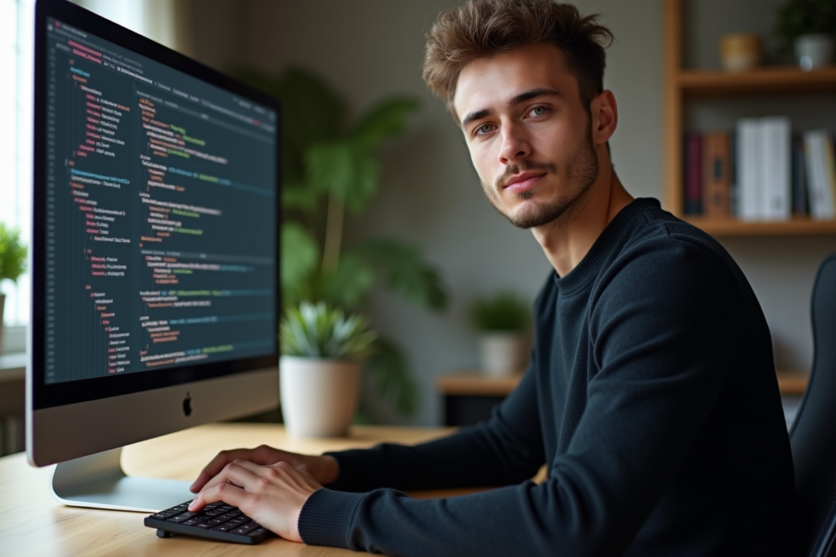 Jeune developpeur logiciel concentré devant un écran de code