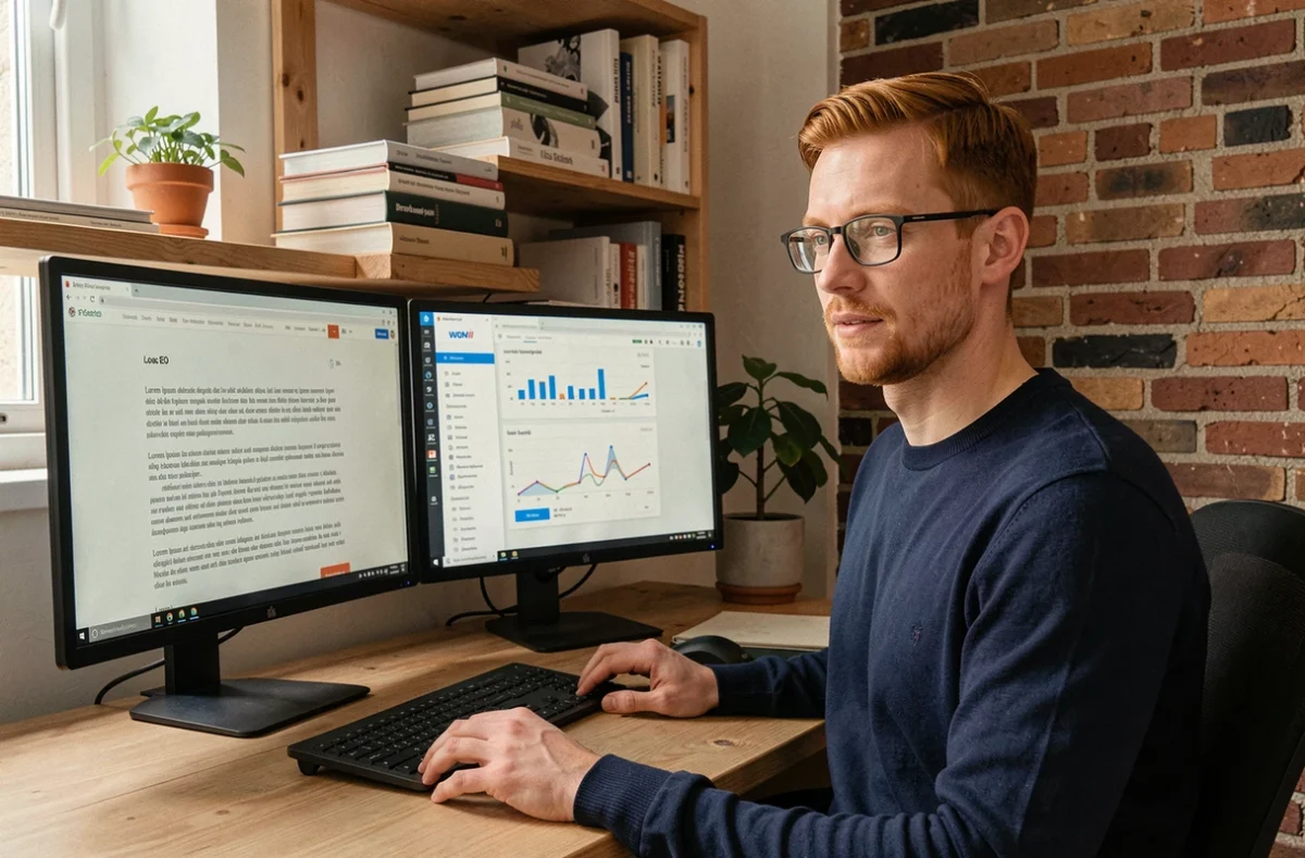 Développeur web comparant une maquette Lorem Ipsum avec un tableau de bord SEO sur deux écrans dans un bureau à domicile