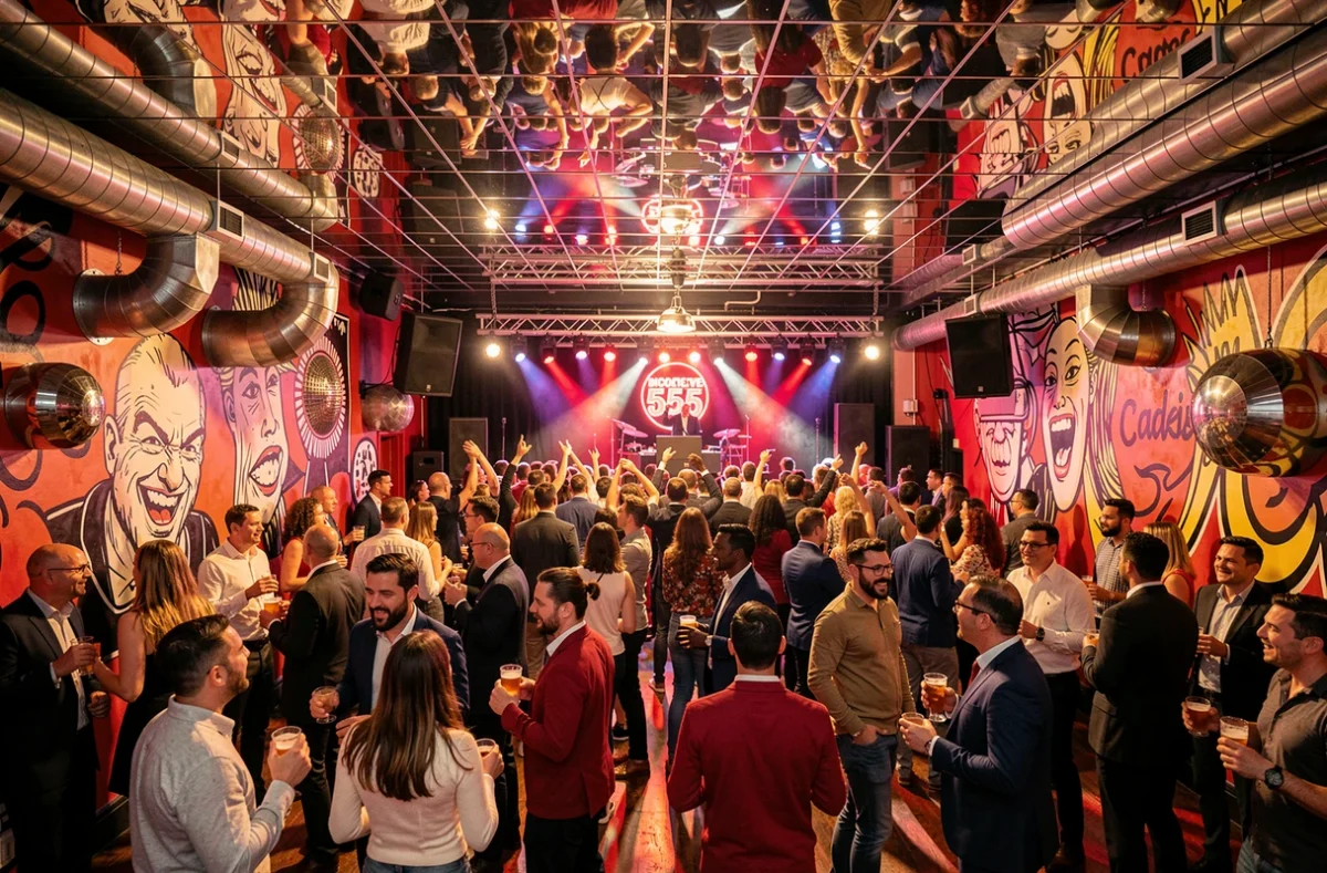 Grande piste de danse animée de la Discothèque 555 à Calais avec décor rétro-industriel et foule festive