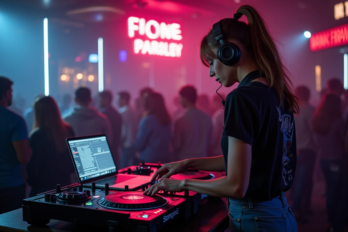 DJ femme mixant des vinyles et musique numérique dans un club moderne, fusion de tubes actuels et classiques intemporels