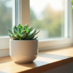 Echeveria succulente bleue dans un pot blanc sur une fenêtre lumineuse