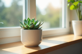Echeveria succulente bleue dans un pot blanc sur une fenêtre lumineuse
