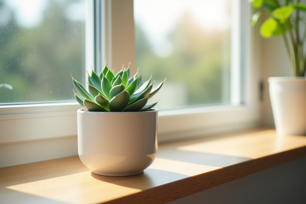 Echeveria succulente bleue dans un pot blanc sur une fenêtre lumineuse