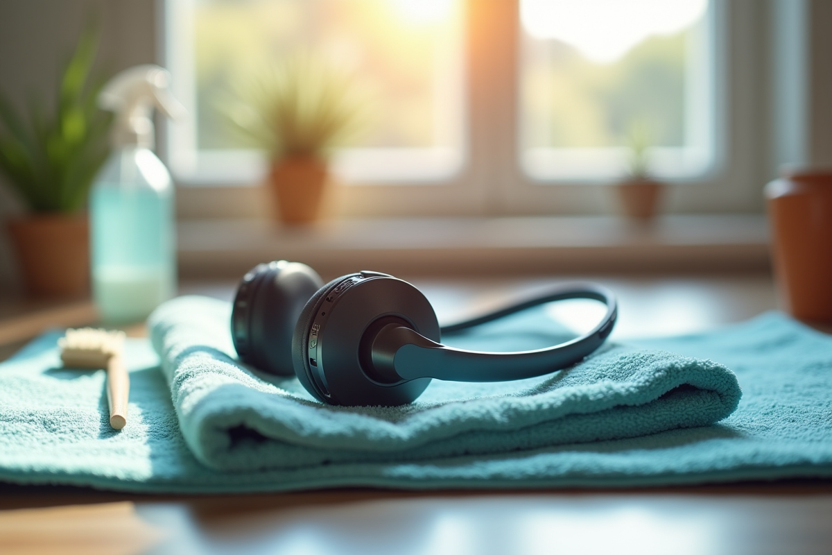 Paire d écouteurs Bluetooth modernes sur une serviette lumineuse