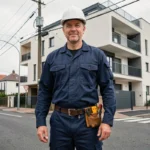 Électricien professionnel devant un immeuble résidentiel à Argenteuil représentant les meilleurs électriciens de la ville