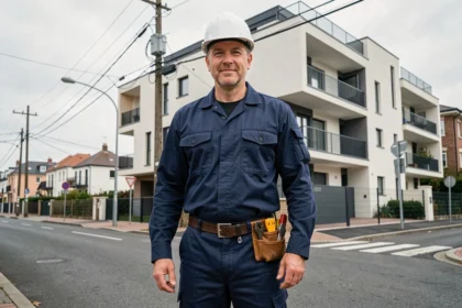 Électricien professionnel devant un immeuble résidentiel à Argenteuil représentant les meilleurs électriciens de la ville