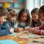 Groupe d enfants créant un projet avec recyclage à l école