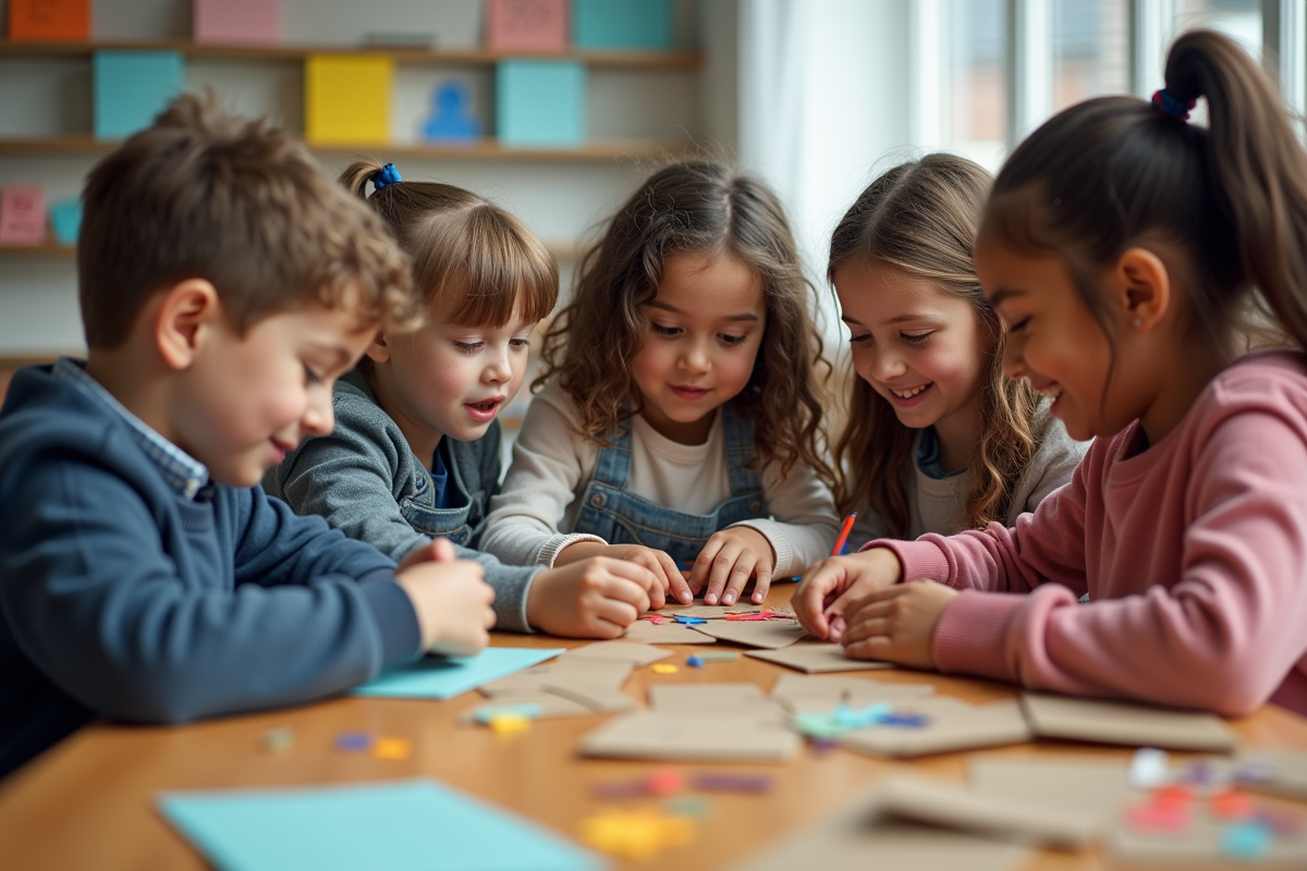 Groupe d enfants créant un projet avec recyclage à l école