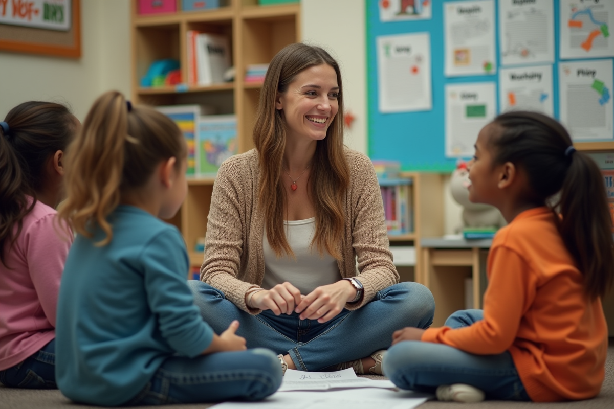 Enseignante écoutant un groupe d élèves en classe