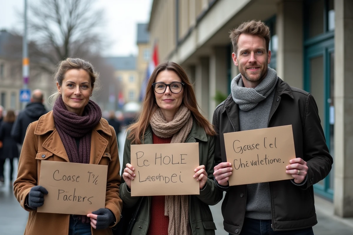 Enseignants en grève devant leur école avec des pancartes, journée de grève scolaire en France
