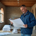 Chef de chantier en rénovation intérieure dans un salon chaleureux