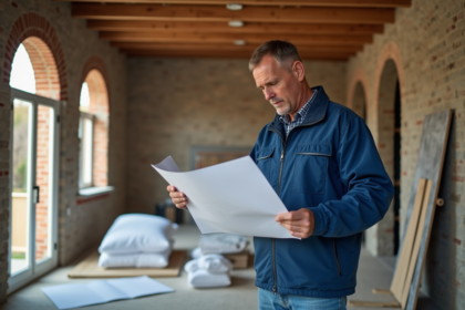 Chef de chantier en rénovation intérieure dans un salon chaleureux